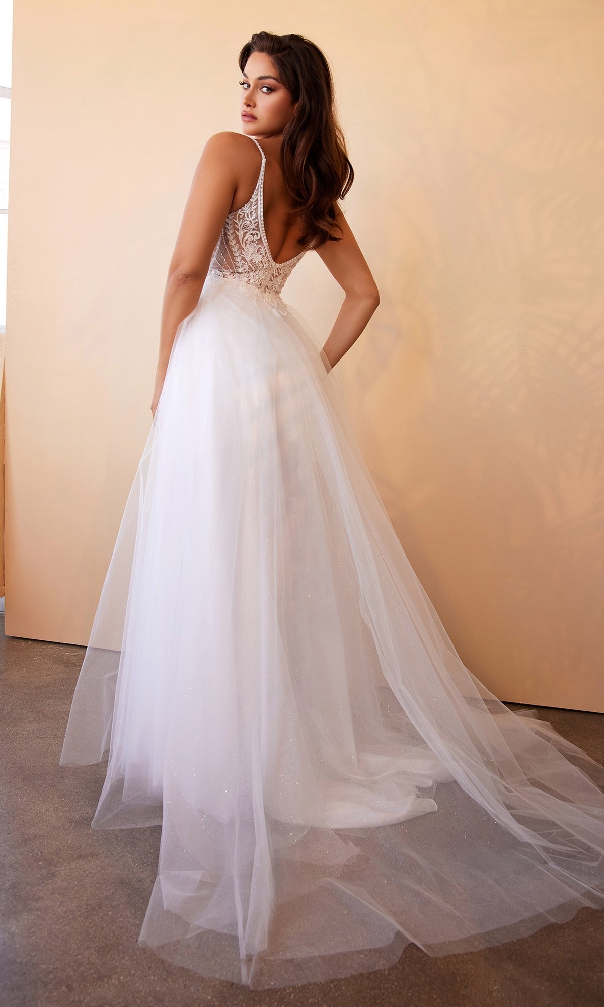 A woman stands facing away, looking over her shoulder in the Sheer-Bodice Long White Ball Gown CD0195W, featuring a sleeveless lace bodice and flowing tulle skirt.
